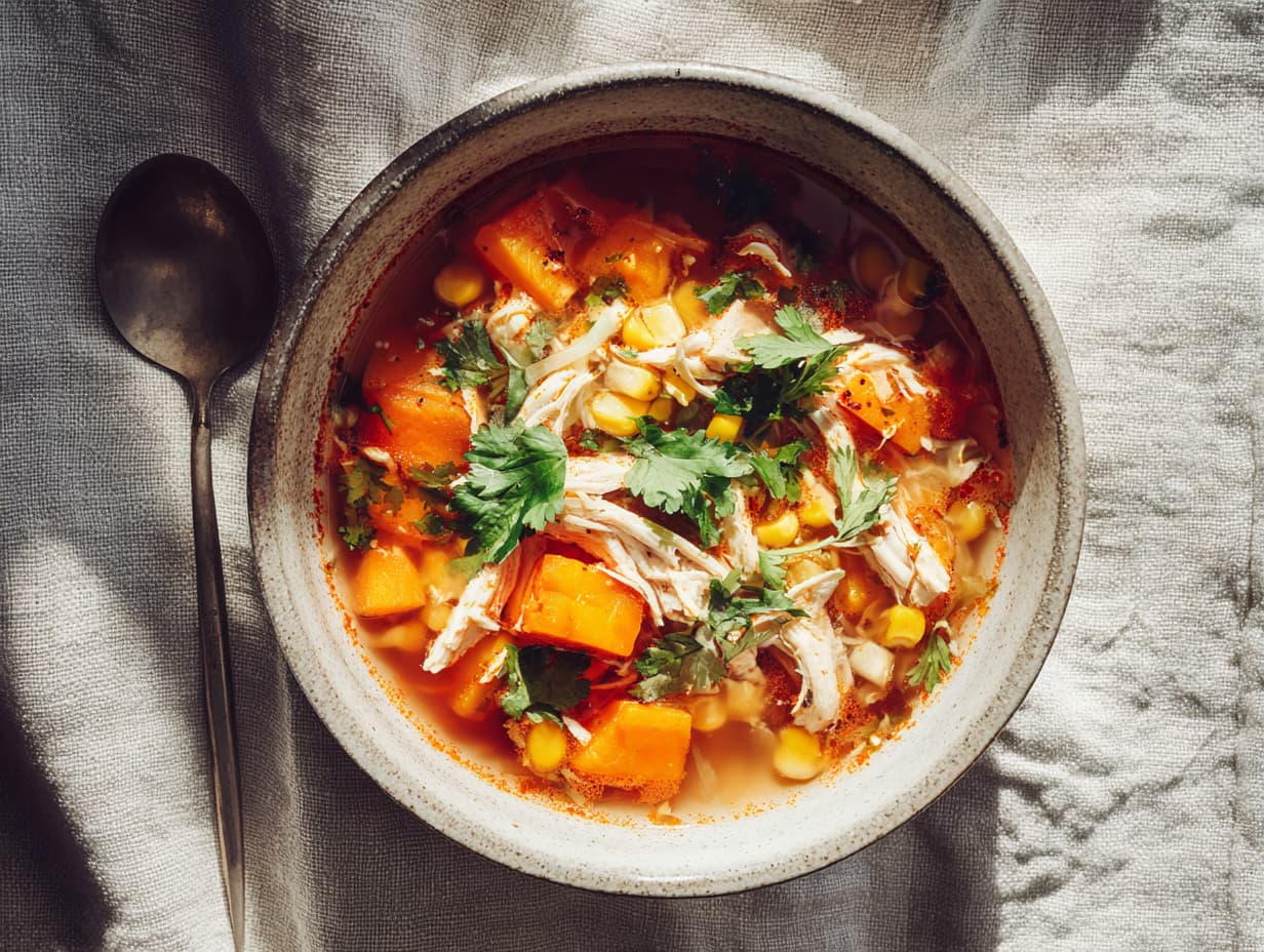 Spicy Chicken Soup with Sweet Potato and Corn