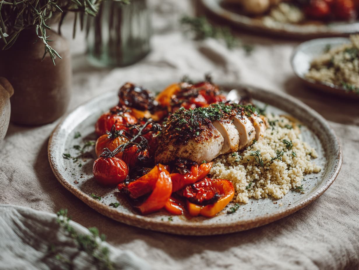 Oven-Baked Chicken with Tomato, Bell Pepper, and Spiced Bulgur