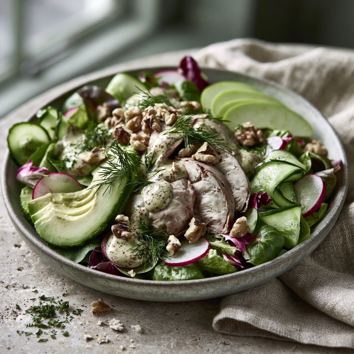Avocadosalade met gerookte kip, appel & mosterd-dille dressing