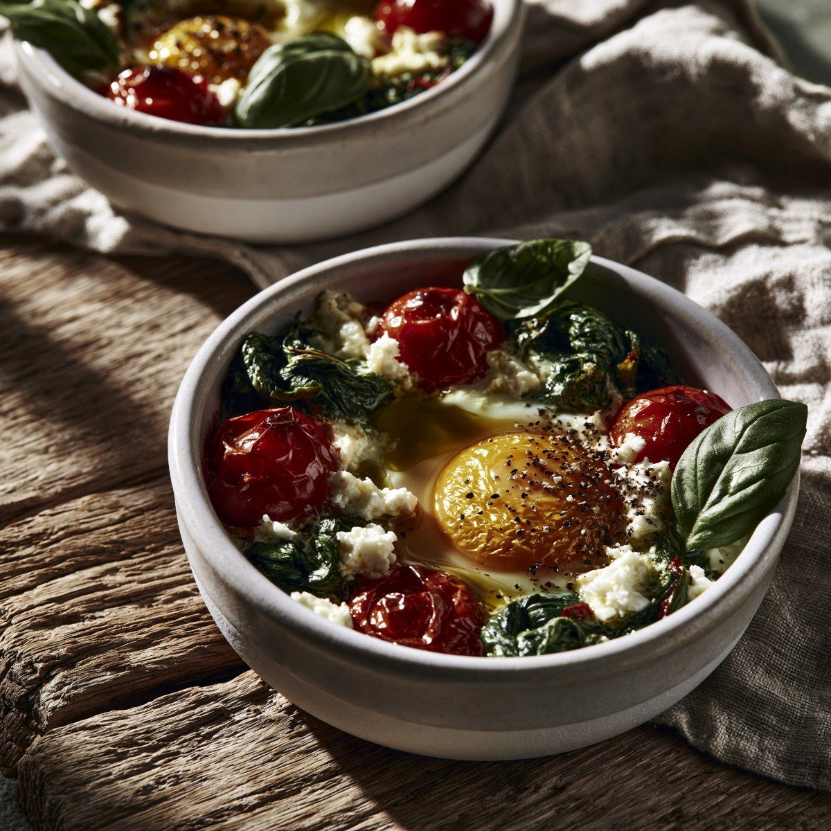 Baked Eggs met spinazie, tomaat & feta