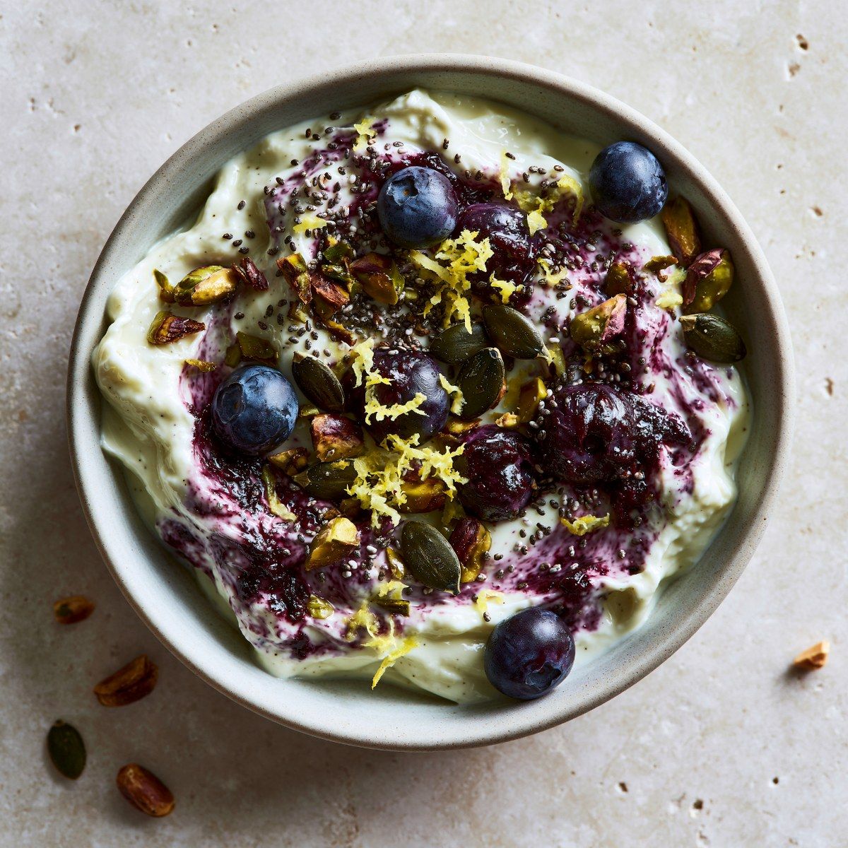 Lemon-Vanilla Skyr with Warm Blueberries & Pistachio Crumble