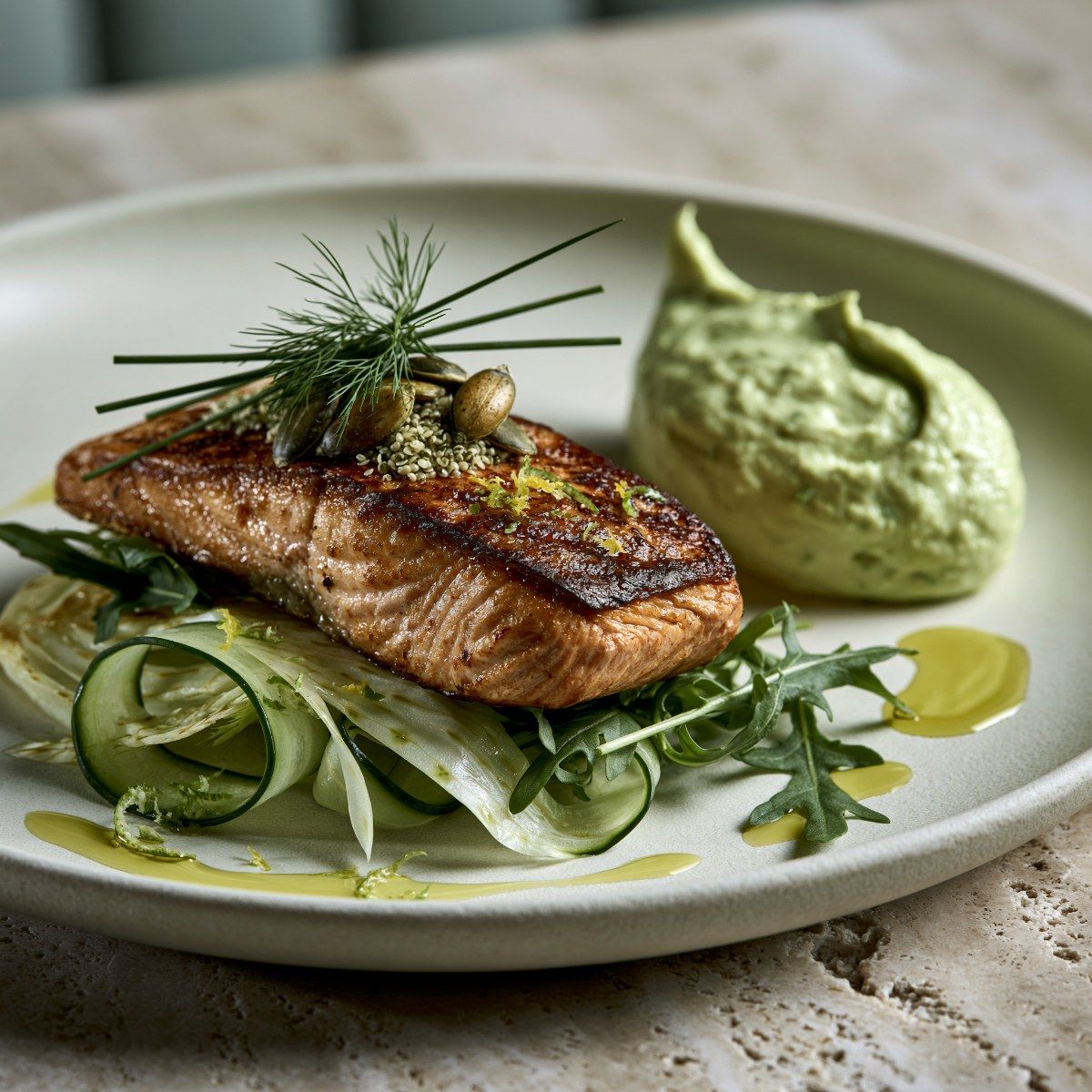 Grilled Salmon with Avocado Lime Cream, Fennel & Cucumber Ribbons