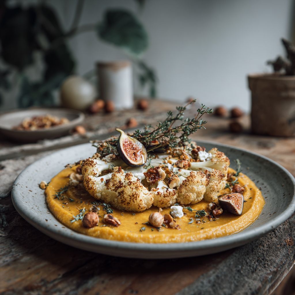 Roasted Cauliflower Steak with Pumpkin Puree, Goat Cheese, and Figs