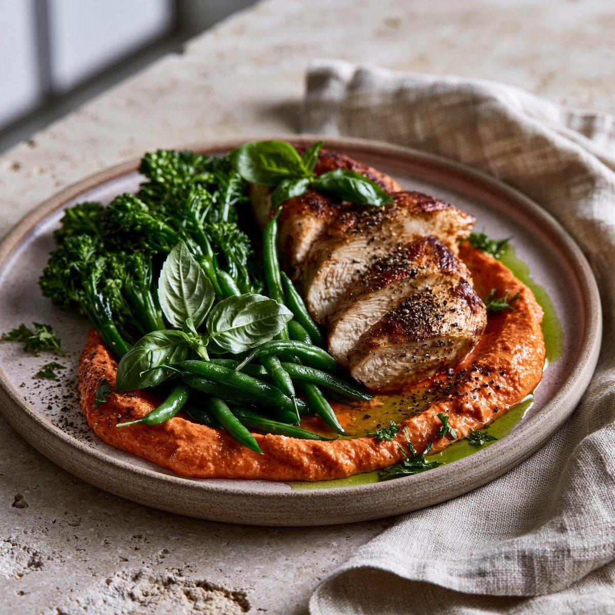Geroosterde kip met romige paprika-amandelsaus & groene groenten