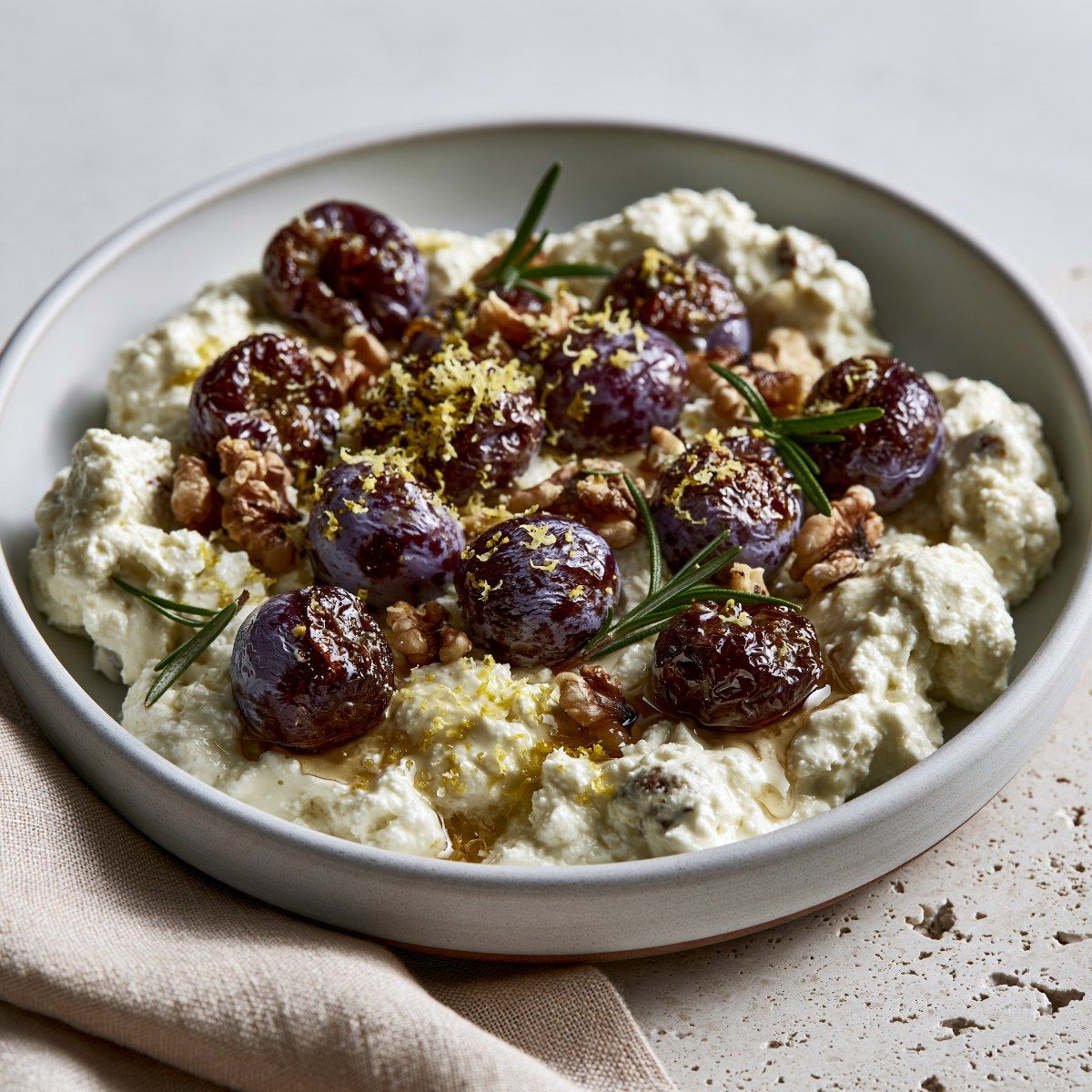 Cottage Cheese with Roasted Grapes, Walnuts & Rosemary