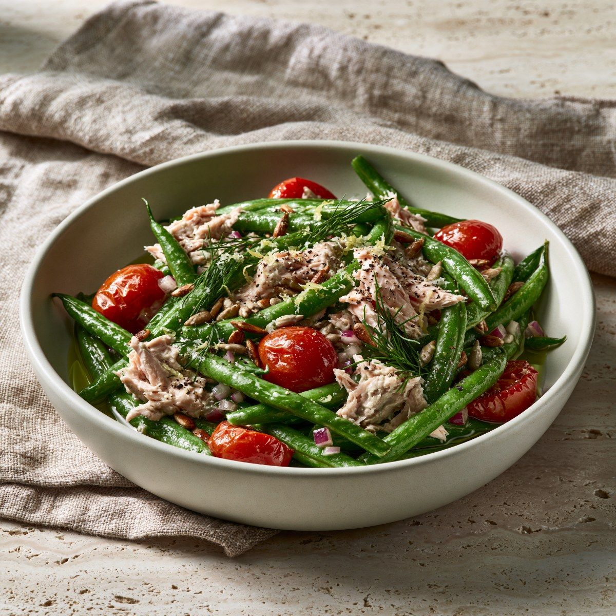 Warm Salad with Green Beans, Wild Salmon & Dill