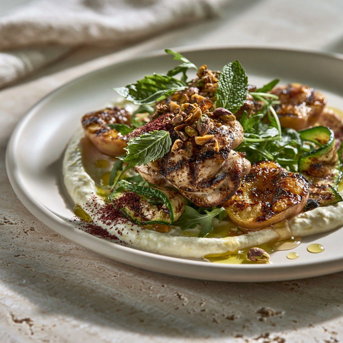 Mediterranean Chicken with Grilled Nectarine & Lemon Labneh