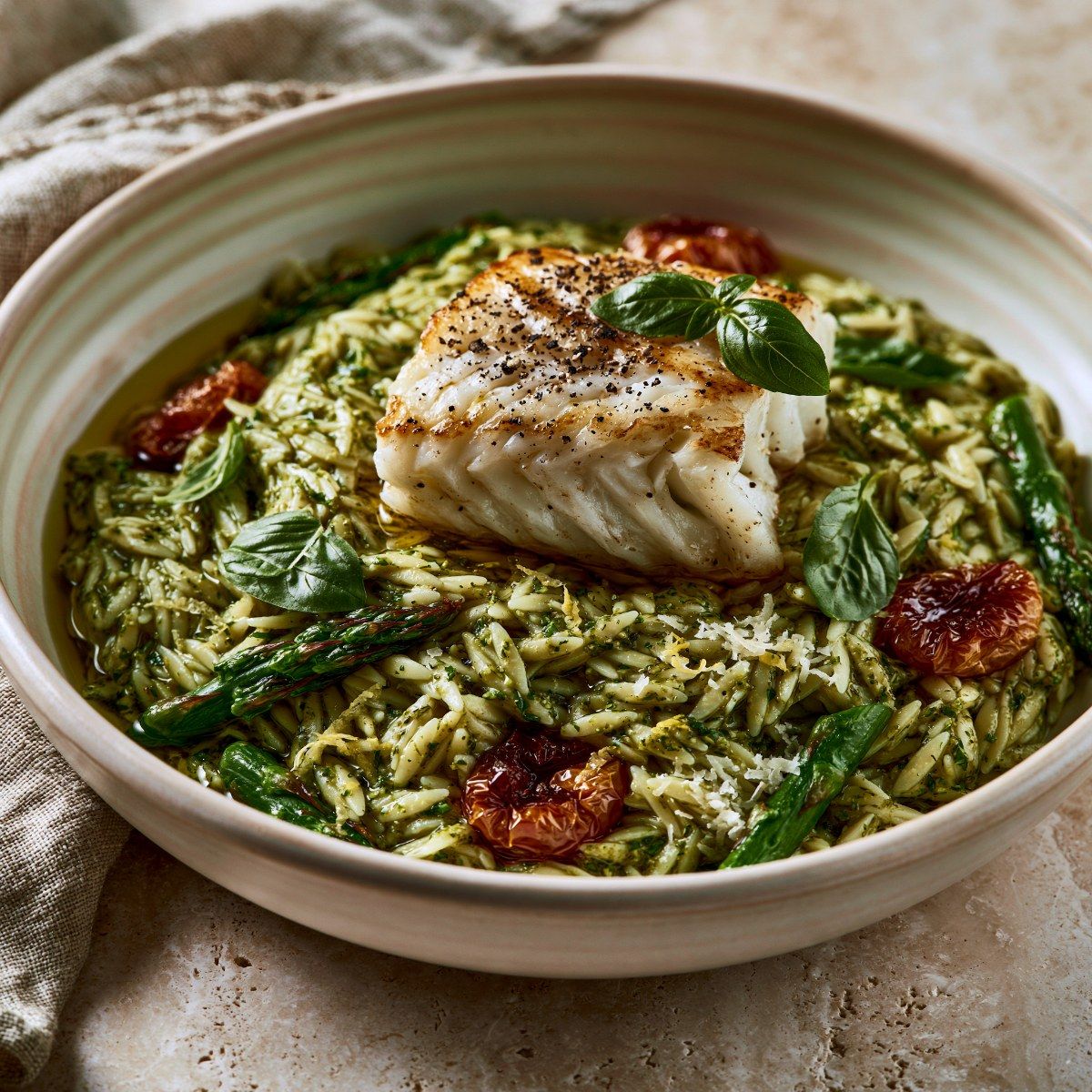 Orzo with Pesto, Honey Tomatoes, and Cod