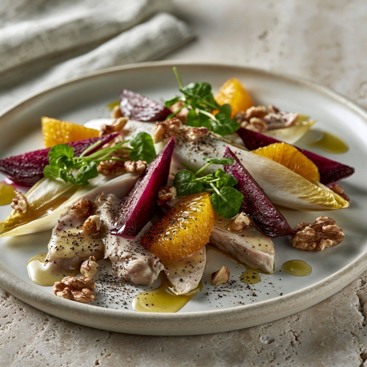 Endive Salad with Smoked Chicken, Beetroot, and Orange