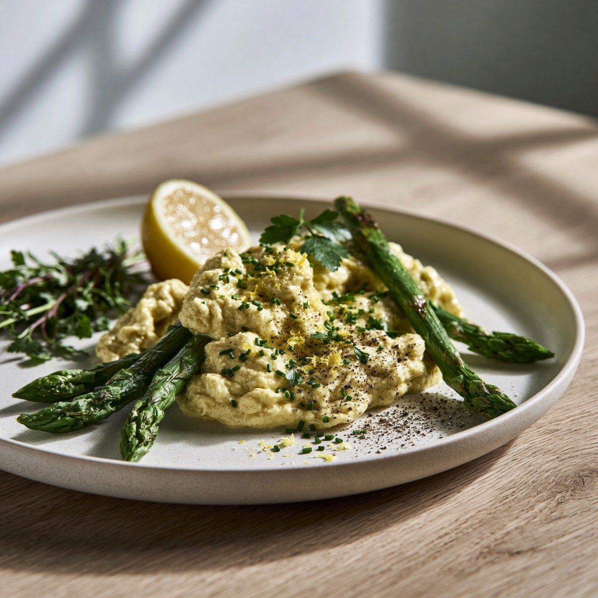 Soft Scrambled Eggs with Fresh Herbs & Asparagus